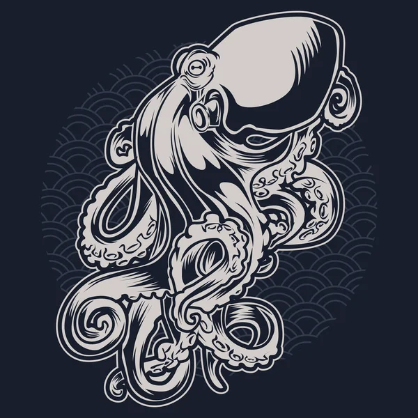 Octopus Sea Blue Drawing Tattoo Black Background Vector Illustrtion - Stok Vektor