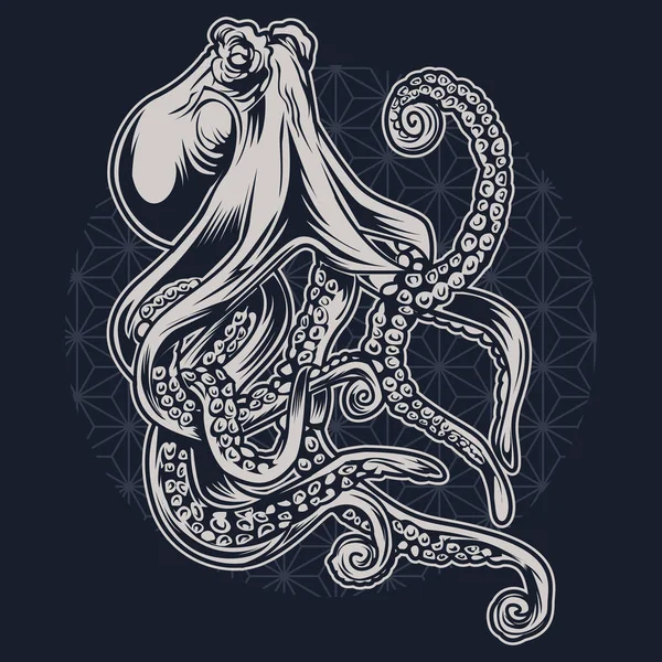 Octopus Sea Blue Drawing Tattoo Black Background Vector Illustrtion - Stok Vektor