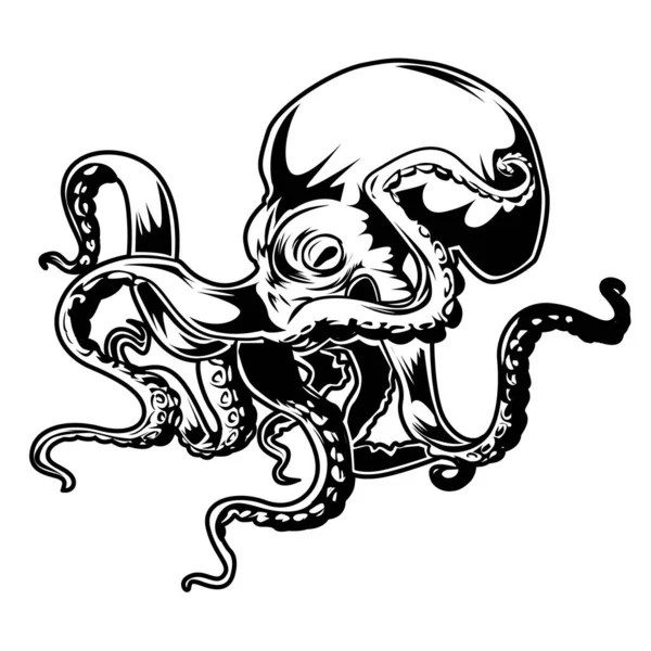 Octopus Sea Blue Disegno Tatuaggio Sfondo Nero Illustrazione Vettoriale — Vettoriale Stock