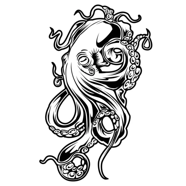 タコの海の青黒の背景にタトゥーを描くベクトルイラスト — ストックベクタ
