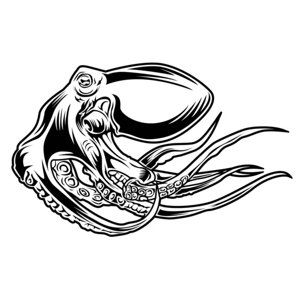 Octopus Sea Blue Disegno Tatuaggio Sfondo Nero Illustrazione Vettoriale — Vettoriale Stock