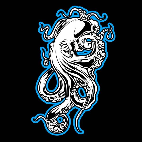 タコの海の青黒の背景にタトゥーを描くベクトルイラスト — ストックベクタ