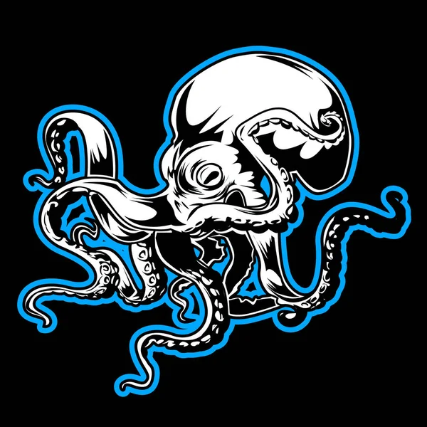 Krake Sea Blue Zeichnung Tätowierung Auf Schwarzem Hintergrund Vector Illustration — Stockvektor
