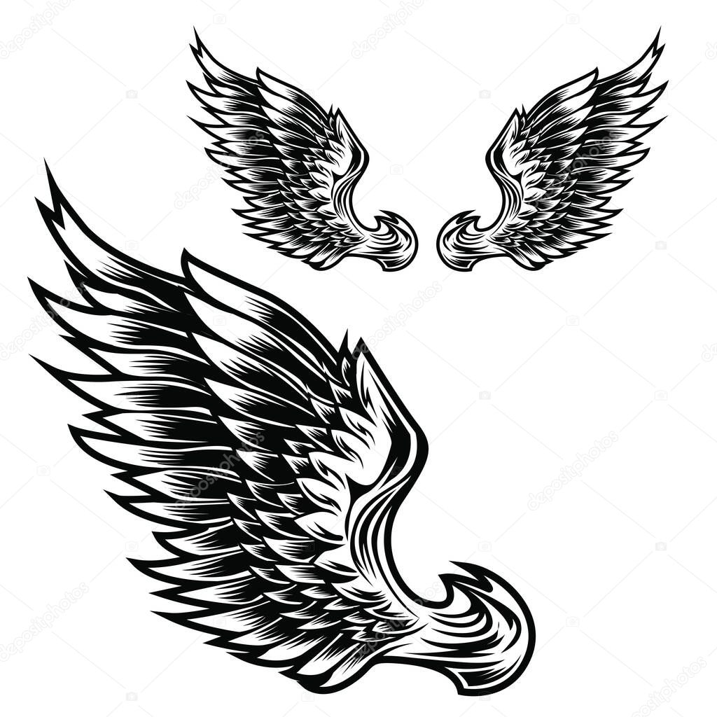 Wings Bird feather Black & White Tattoo Vector 