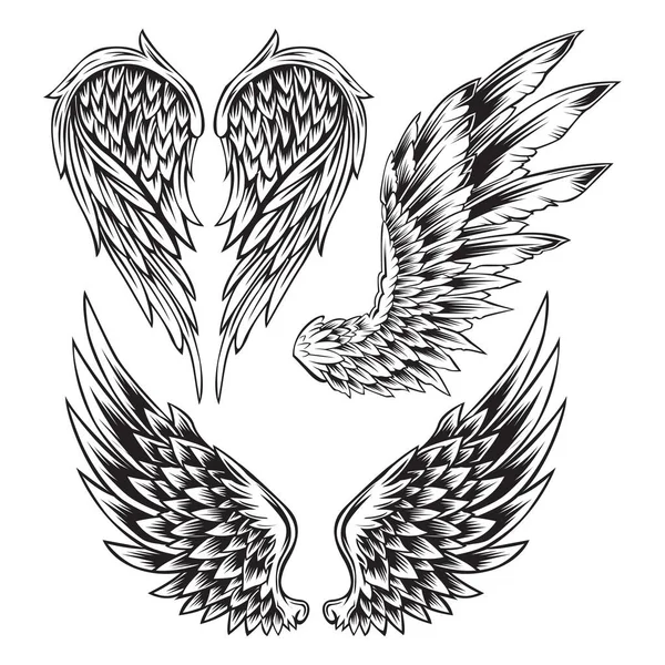 Křídla Ptačí Pírko Černobílé Tetování Vektorová Sada — Stockový vektor
