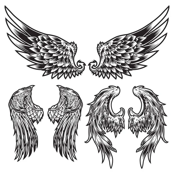 翼鳥の羽ブラック ホワイト Tattoovector Set — ストックベクタ