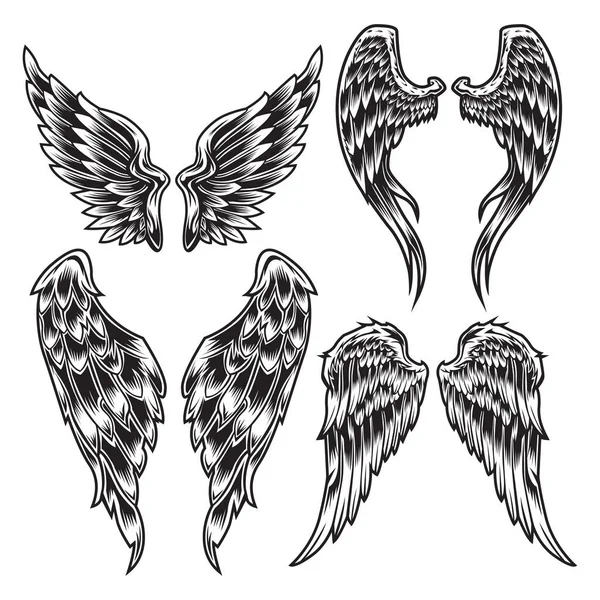 Ali Uccello Piuma Nero Bianco Tatuaggio Vettoriale Set — Vettoriale Stock