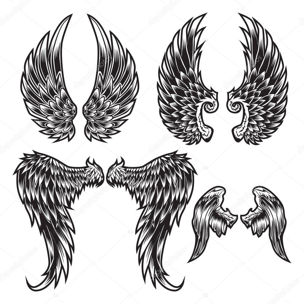 Wings Bird feather Black & White Tattoo Vector Set