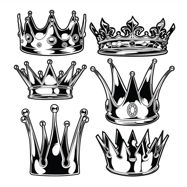 Rei Coroa Rainha Set Preto Branco Rei Rainha Vetor Ilustrador —  Vetores de Stock