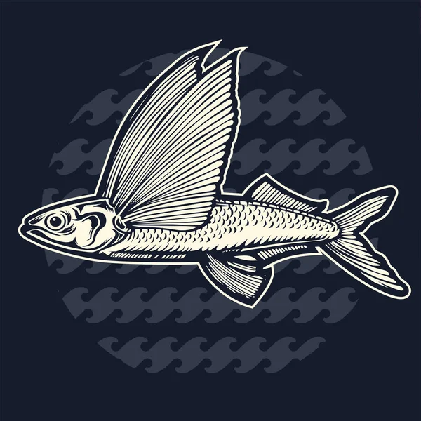 Illustration Vectorielle Rétro Dessin Vintage Poisson Volant Océanique — Image vectorielle