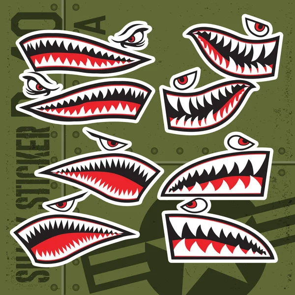 Flying Tiger Shark Mouth Sticker Vinyl Green Background Vector Set — Stock Vector