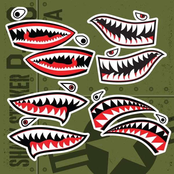 Flying Tiger Shark Mouth Sticker Vinyl Green Background Vector Set — Stock Vector