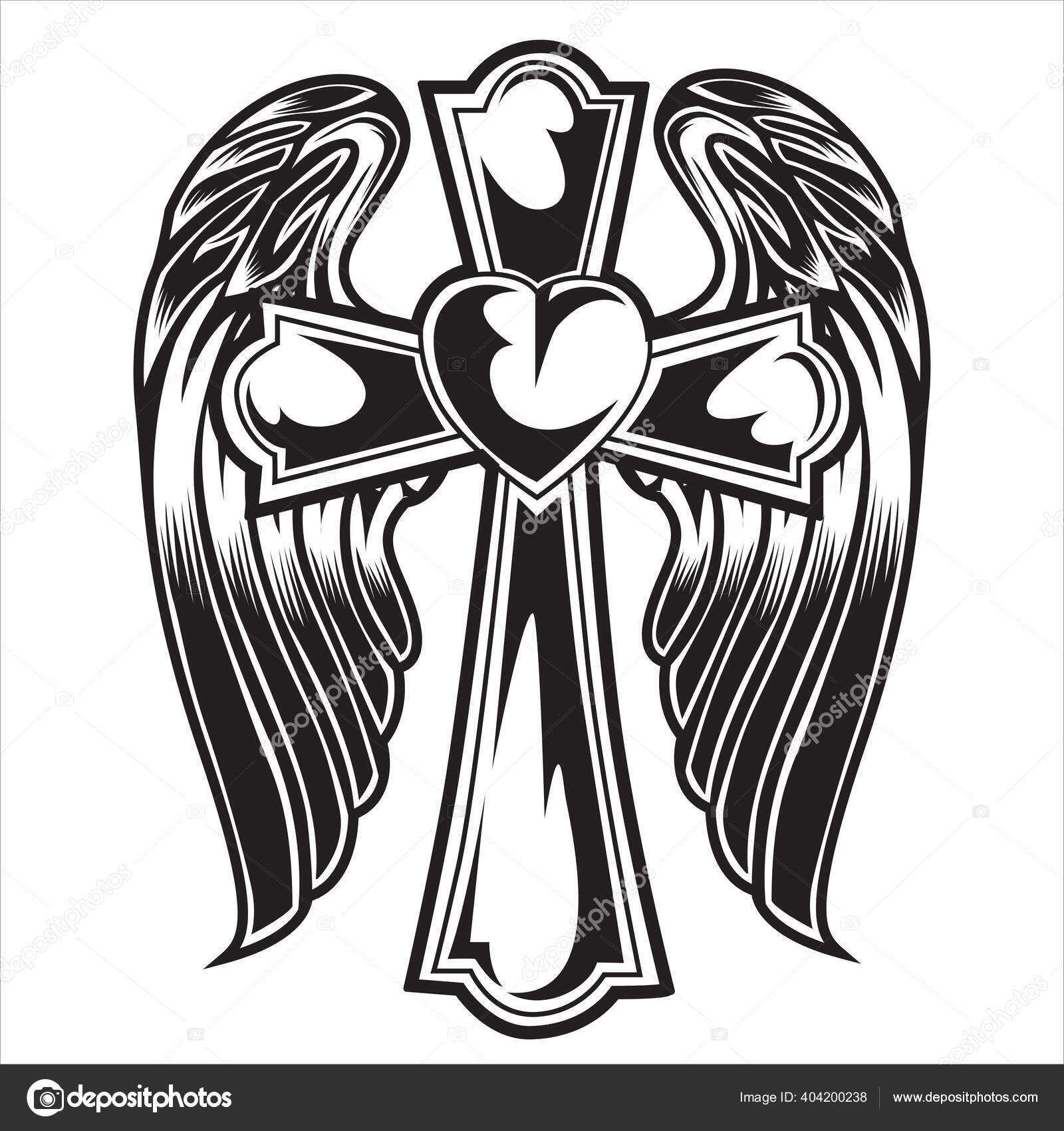 Christian Cross Wing Vector Drawing Blak Illustration Stock Vector