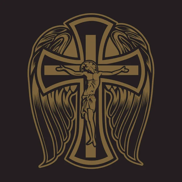 Christian Cross Wing Vector Tekening Blak Illustratie — Stockvector