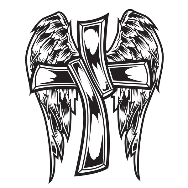 Christian Cross Wing Vector Tekening Blak Illustratie — Stockvector