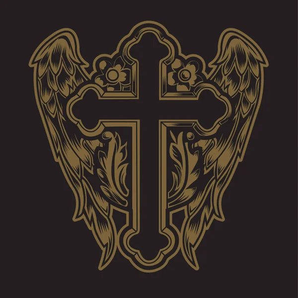 Christian Cross Wing Vector Tekening Blak Illustratie — Stockvector