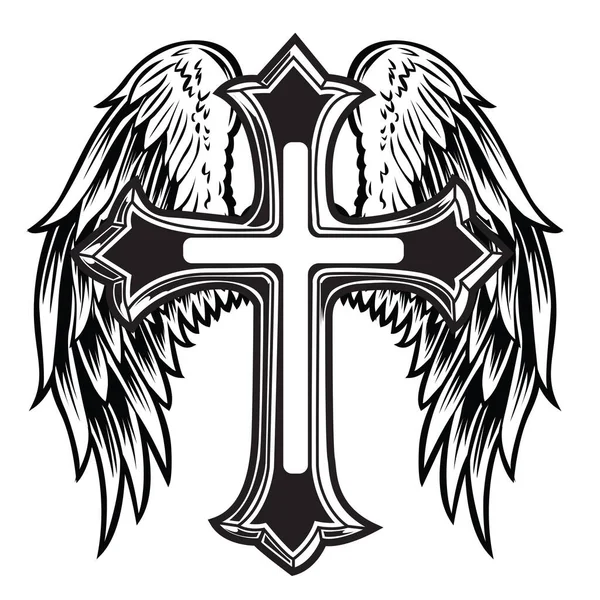 Christian Cross Wing Vector Tekening Blak Illustratie — Stockvector