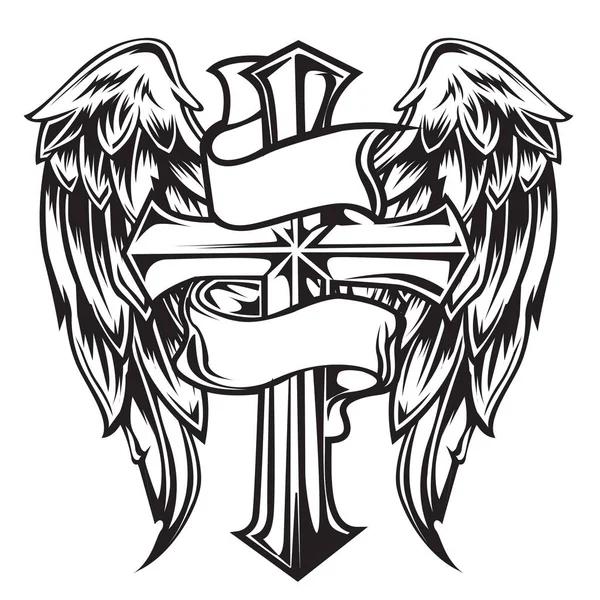 Christian Cross Wing Vector Tekening Blak Illustratie — Stockvector