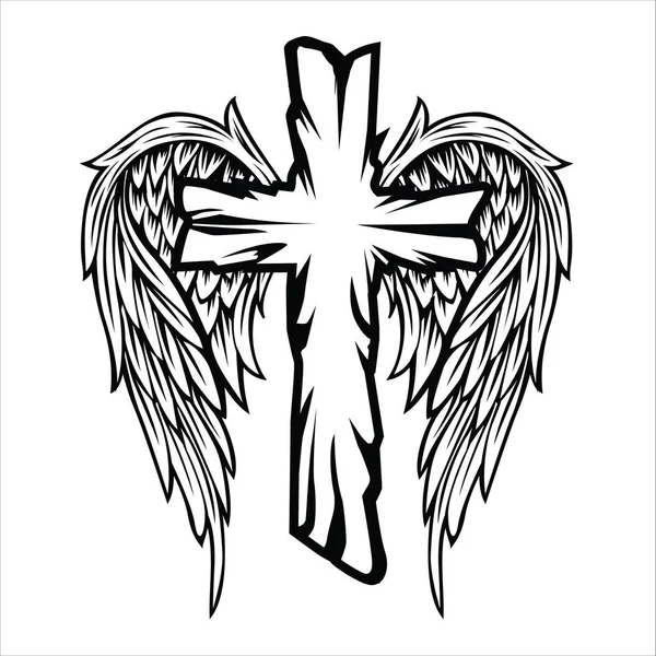 Christian Cross Wing Vector Tekening Blak Illustratie — Stockvector