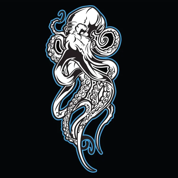 Big Octopus Zeichnung Schwarz Weiß Vintage Vector Illustration — Stockvektor