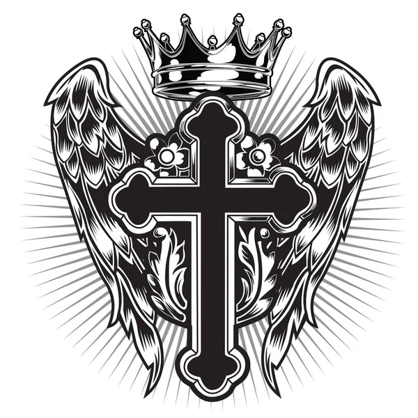 Christian Cross Wing Crownvector Zeichnung Blak Illustration — Stockvektor