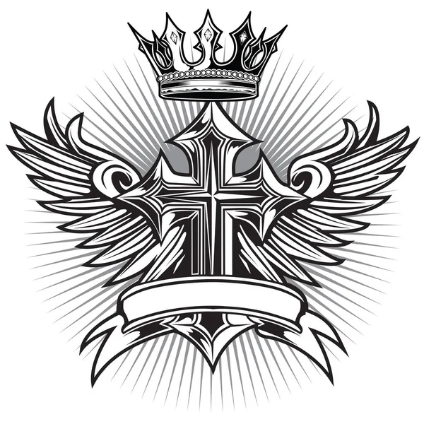 Christian Cross Wing Crownvector Ritning Blak Illustration — Stock vektor