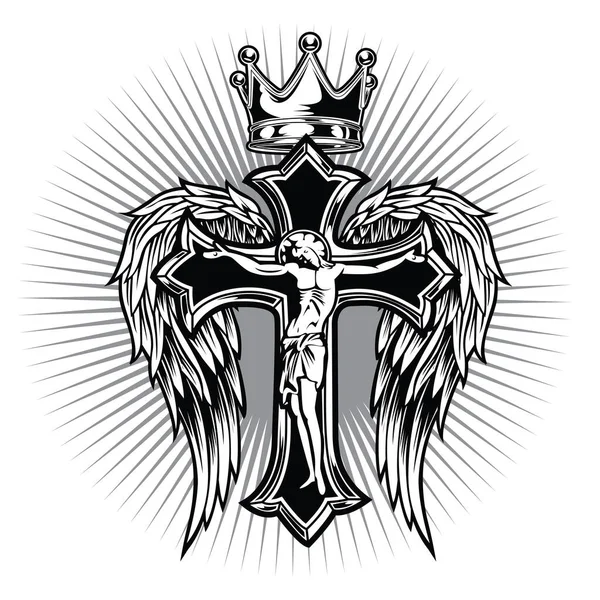 Christian Cross Wing Crownvector Tekening Blak Illustratie — Stockvector