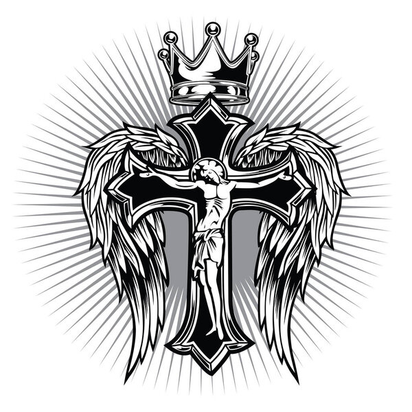 Christian Cross Wing CrownVector Drawing  Blak illustration 