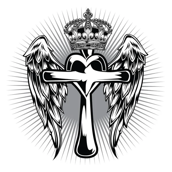 Christian Cross Wing Crownvector Zeichnung Blak Illustration — Stockvektor