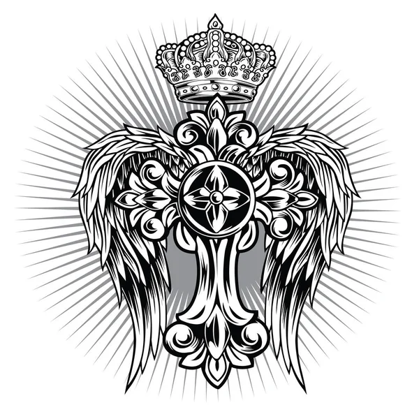Christian Cross Wing Crownvector Dibujo Blak Ilustración — Archivo Imágenes Vectoriales