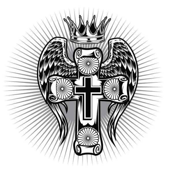 Christian Cross Wing Crownvector Zeichnung Blak Illustration — Stockvektor