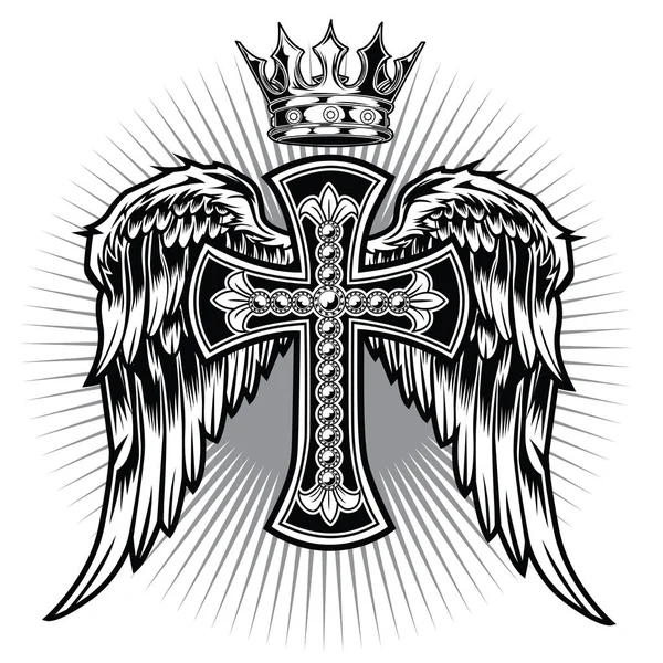 Christian Cross Wing Crownvector Zeichnung Blak Illustration — Stockvektor