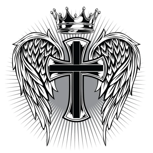 Christian Cross Wing Crownvector Dibujo Blak Ilustración — Vector de stock