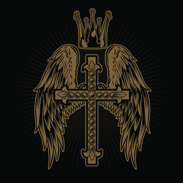 Christian Cross Wing CrownVector Drawing  Blak illustration 