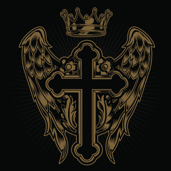 Christian Cross Wing CrownVector Drawing  Blak illustration 