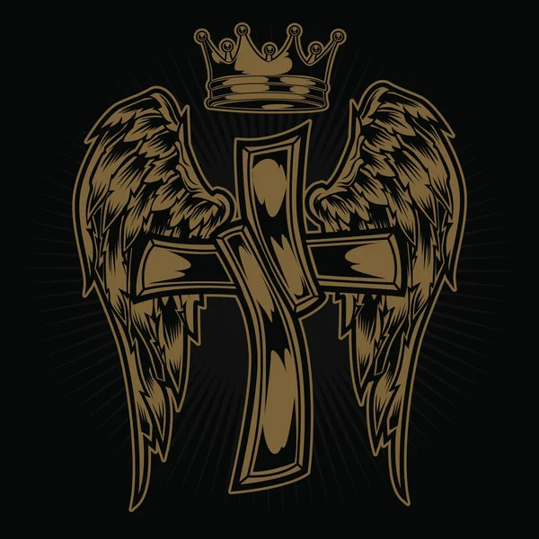 Christian Cross Wing Crownvector Tekening Blak Illustratie — Stockvector