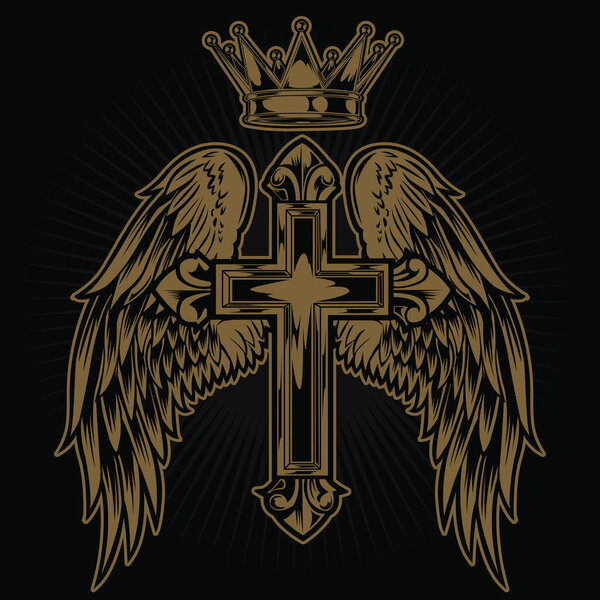 Christian Cross Wing CrownVector Drawing  Blak illustration 