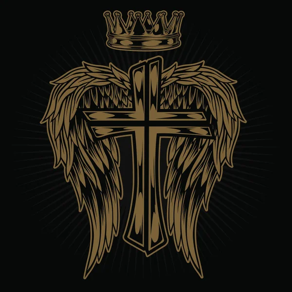 Christian Cross Wing Crownvector Drawing Blak Ilustrace — Stockový vektor