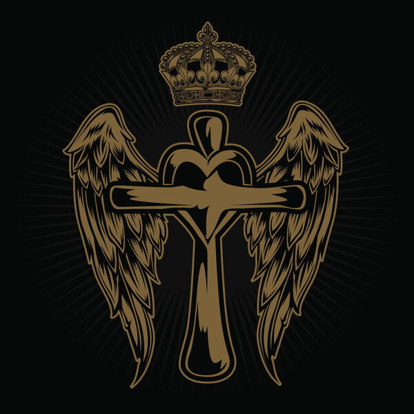 Christian Cross Wing CrownVector Drawing  Blak illustration 