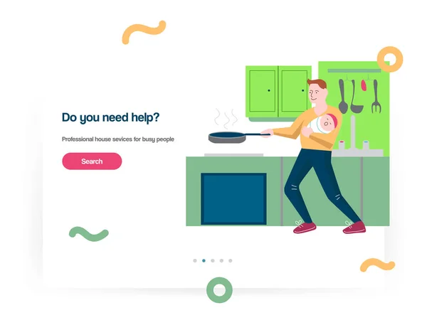 Web design πρότυπο διάνυσμα με τον άνθρωπο να κρατάει ένα μωρό και το μαγείρεμα — Διανυσματικό Αρχείο