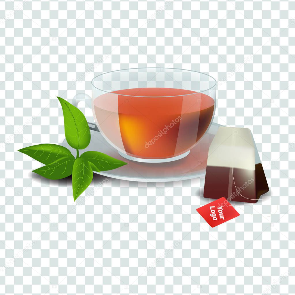 Realism style vector illustration isolated on transparent background. Cup and Tea bag with place for logo