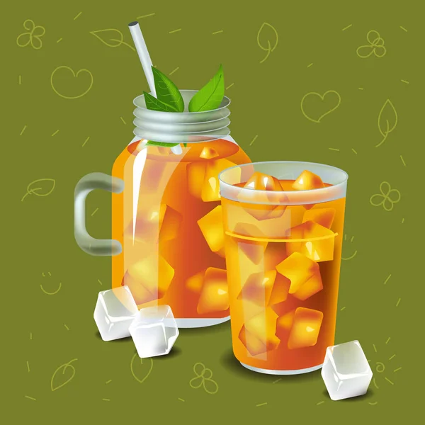 Illustration vectorielle en vrai style sur le thé glacé avec glace — Image vectorielle
