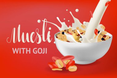 Vektör gerçekçilik stil poster, site veya banner şablon illüstrasyon müsli kase ile