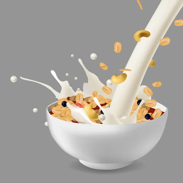 Illustration de style réalisme vectoriel muesli dans un bol avec des noix — Image vectorielle