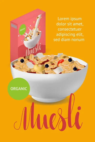 Vector realism style poster, site or banner template with illustration muesli in bowl — Stock Vector