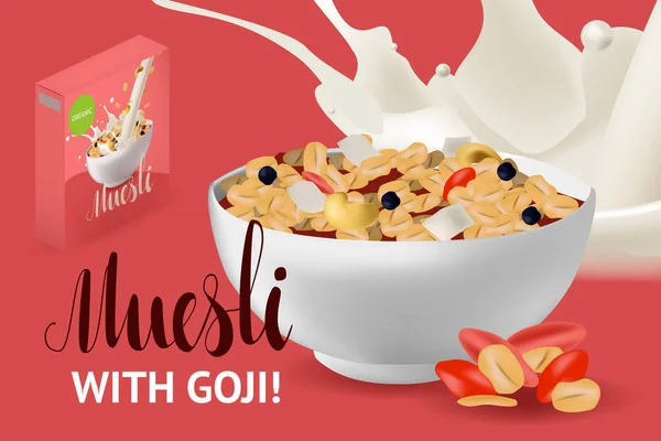 Cartaz estilo realismo vetorial, site ou modelo de banner com muesli ilustração na tigela —  Vetores de Stock