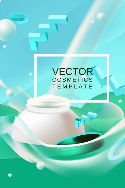 Vector abstract background cosmetics template for banner or poster design in blue green colors with realism style cream packaging and place for text
