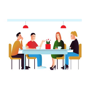Vektör çizim posterler veya web sitesi için düz stilde konuşan arkadaşlar ile Toplantı hakkında. Dostluk ve converstion kafe ya da Restoran.