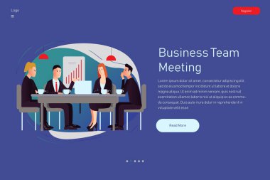 Vektör çizim posterler veya web sitesi için düz stil konuşan iş adamları ile Toplantı hakkında. Takım iş süreci. Toplantı ve beyin fırtınası iş yönetimi takım çalışması.
