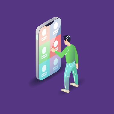Modern düz stil app Kullanıcı resimde vektör. Adam akıllı telefon mobil uygulama kavramı kullanma.